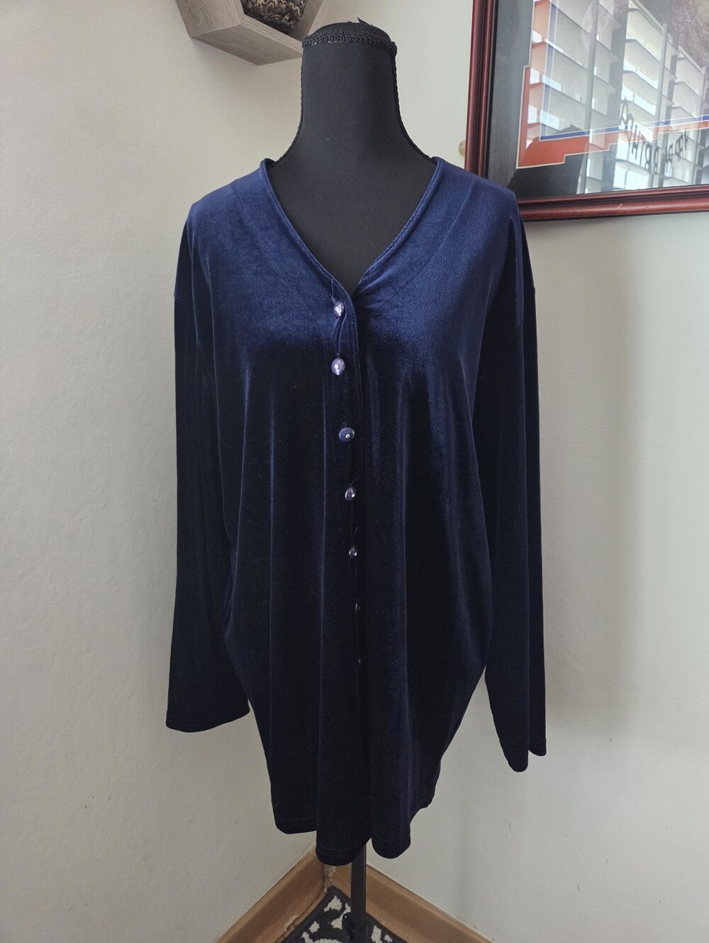 Navy Blue Rhinestone Velvet Button Up Shirt Whimsigoth Glam Mature Party Size L
